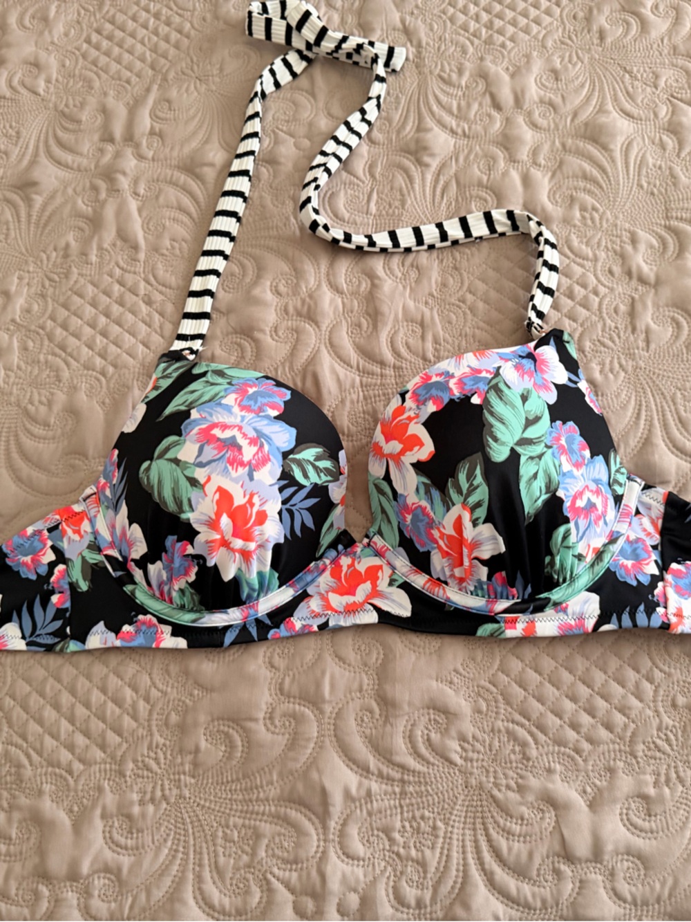 Shade & Shore Black Floral Push-Up Bikini Top with Multicolor Flowers